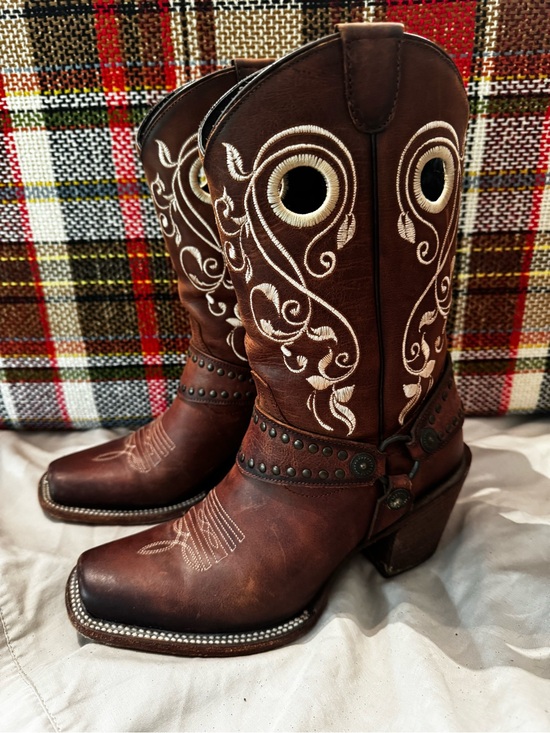J.B. Dillon Shoes - J.B. Dillon Brown Leather Embroidered Harness Heeled Boots